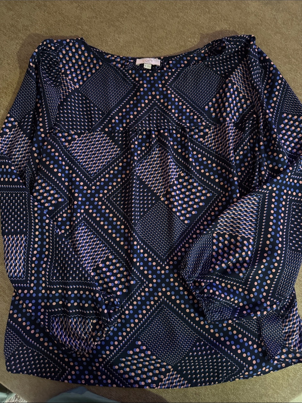 LOFT Navy Blouse with Pink Dot Geometric Print